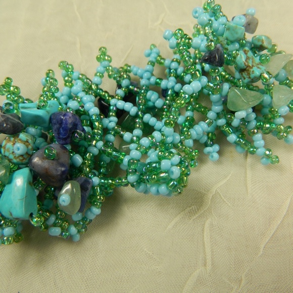 Artisan Woven Turquoise Green & Purple Gemstone Glass Bead Bracelet Boho Stateme - Picture 5 of 5